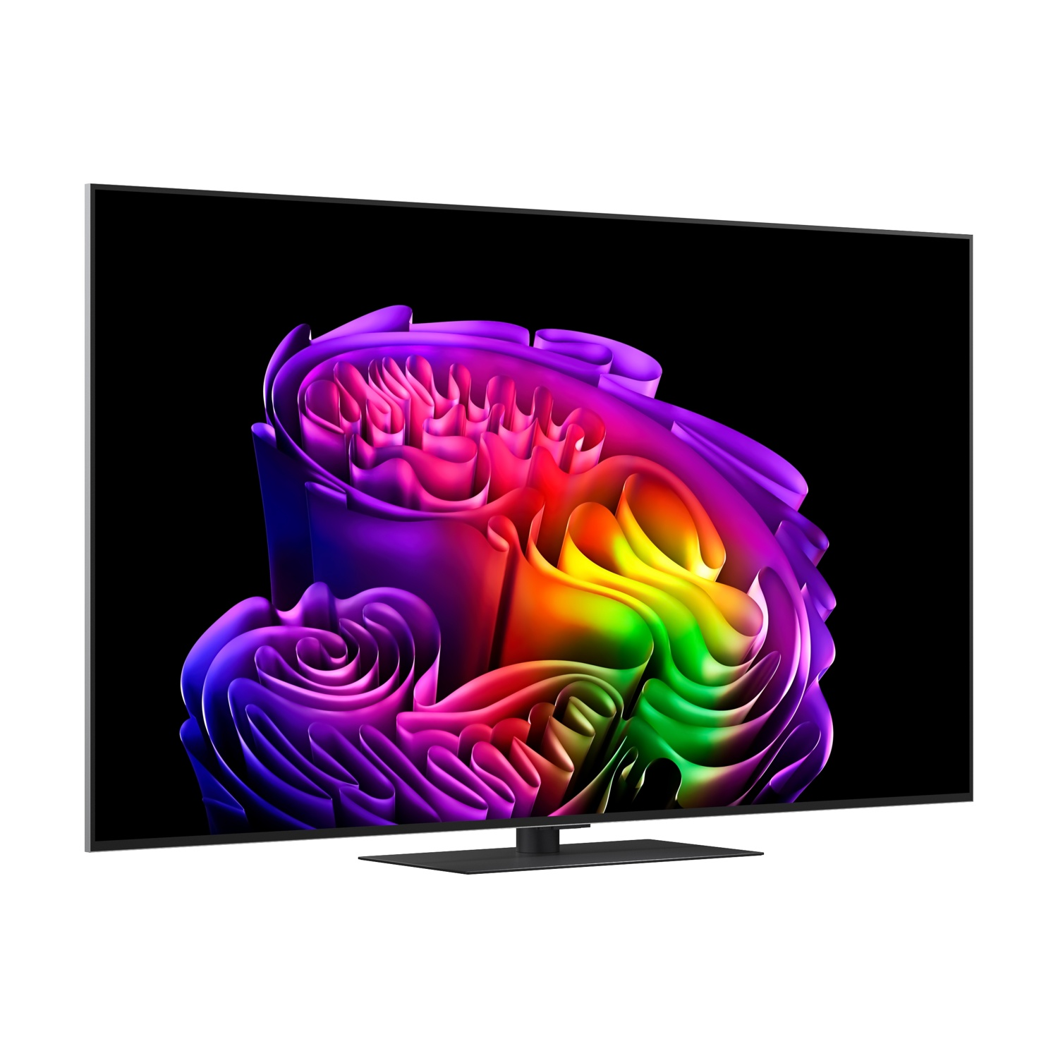 Un moderno televisore mostra un'immagine astratta e colorata con viola, rosa, giallo e verde.