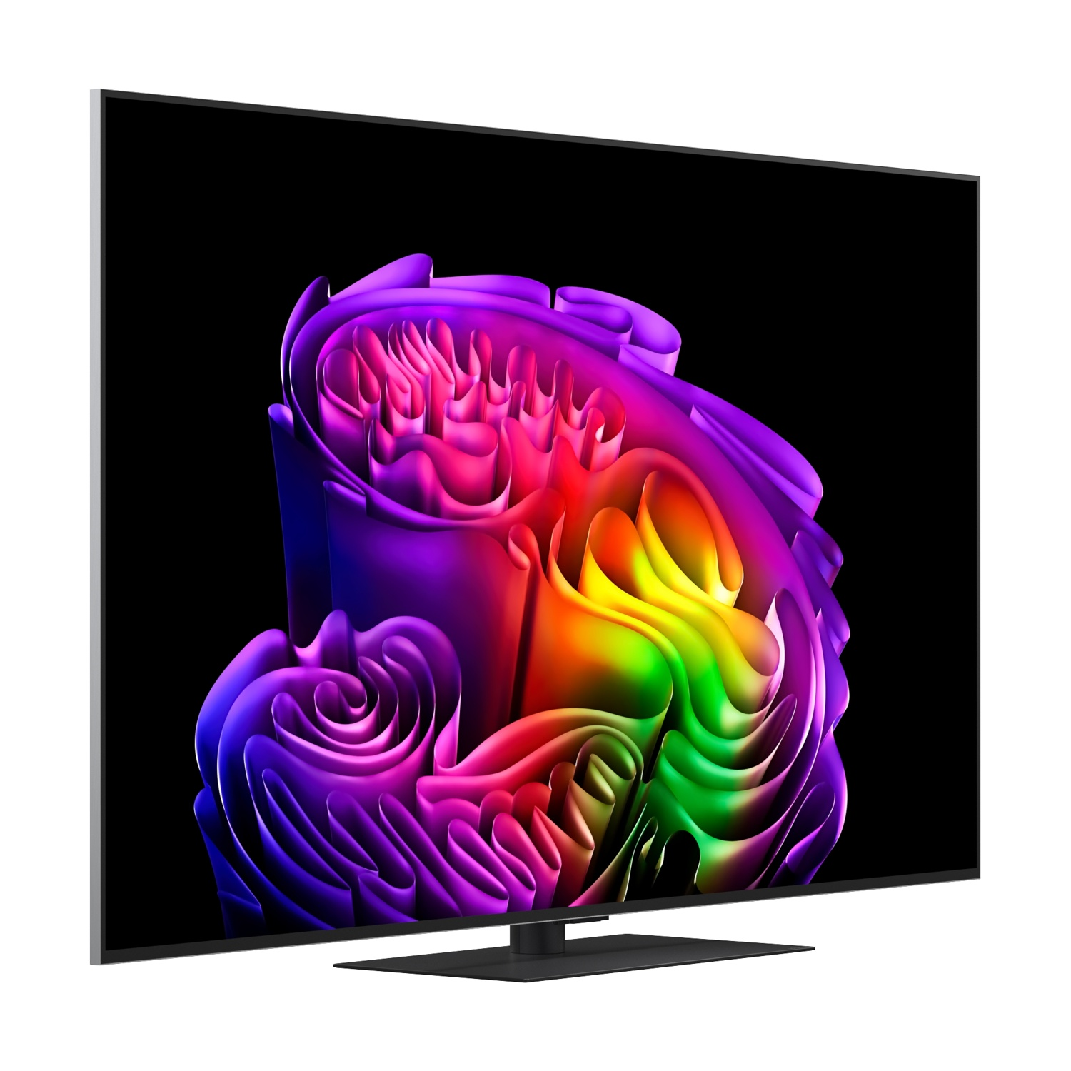 Una TV moderna mostra un vortice astratto e colorato vibrante su sfondo nero.