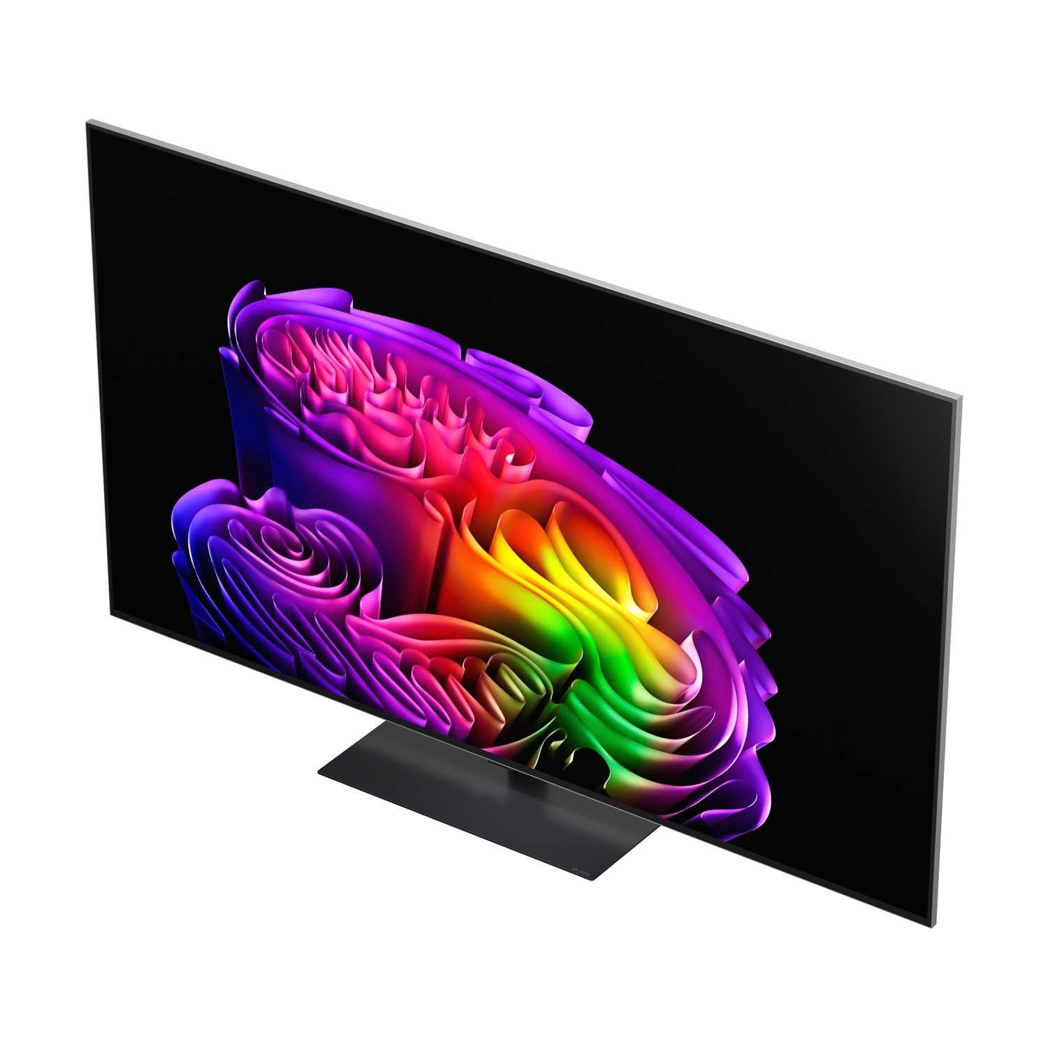 Un televisore moderno che visualizza un motivo astratto e colorato sul suo schermo nero.