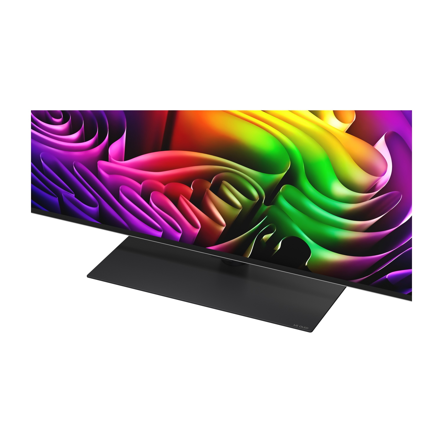 Una TV moderna con uno sfondo astratto e colorato, e un supporto nero.