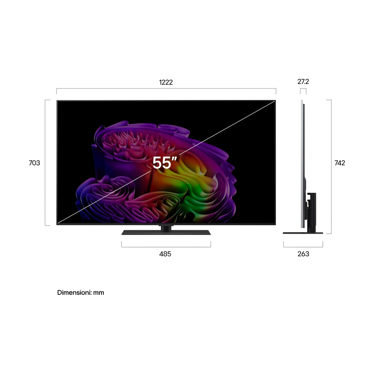 TV da 55 pollici con immagine astratta colorata, dimensioni in mm indicate.