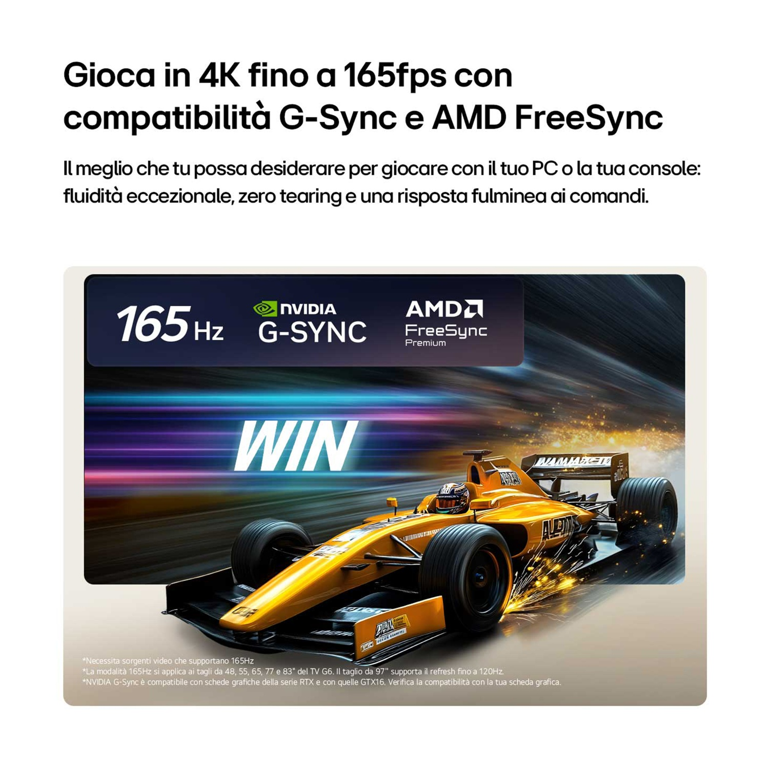 Un'auto da corsa gialla su una pista con un display "WIN" luminoso.