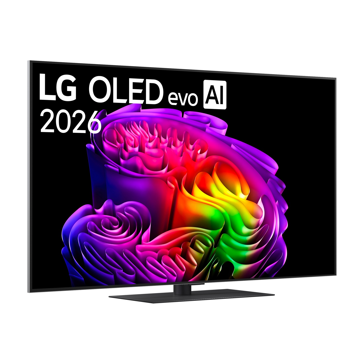 Una TV LG OLED evo AI del 2026 con un design astratto e colorato.