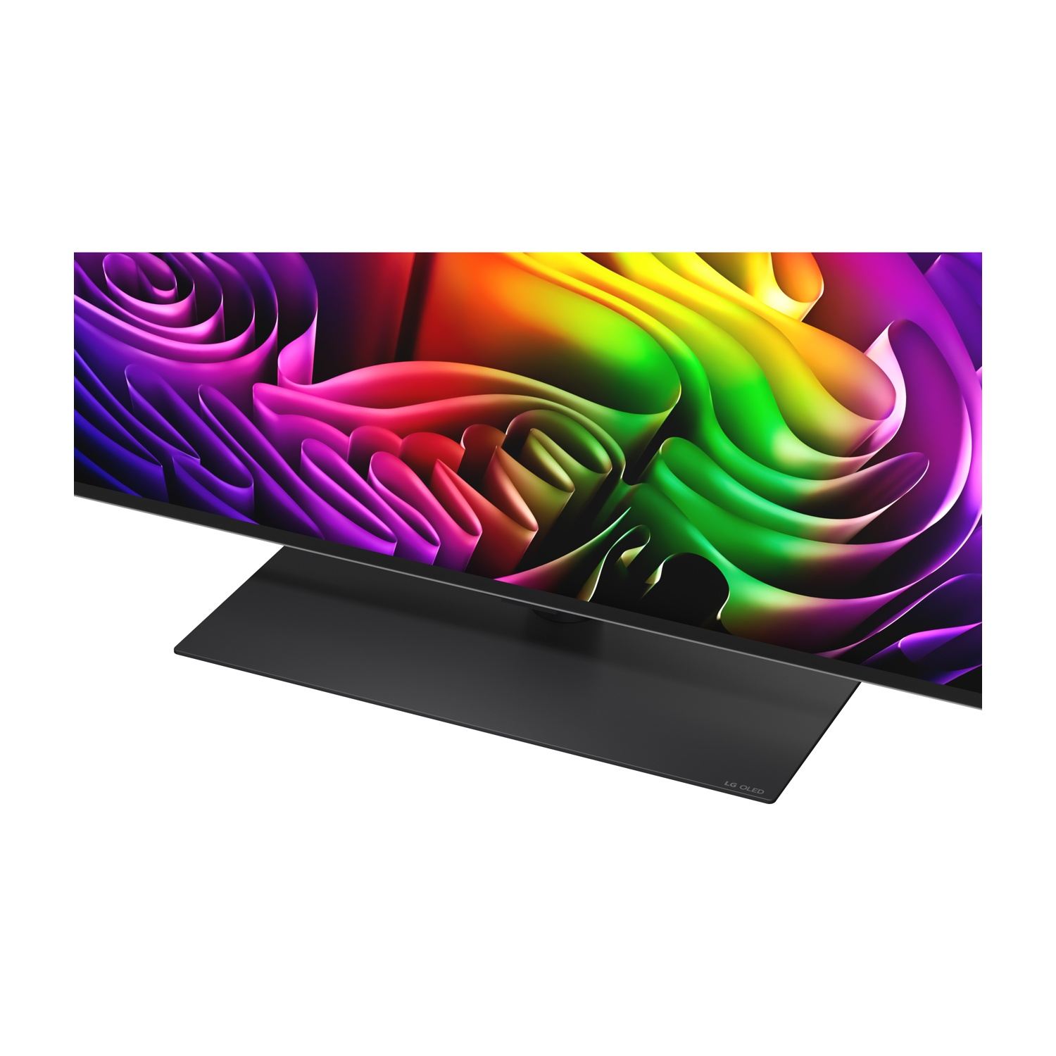 Una base nera sostiene una TV con uno screensaver astratto e colorato.