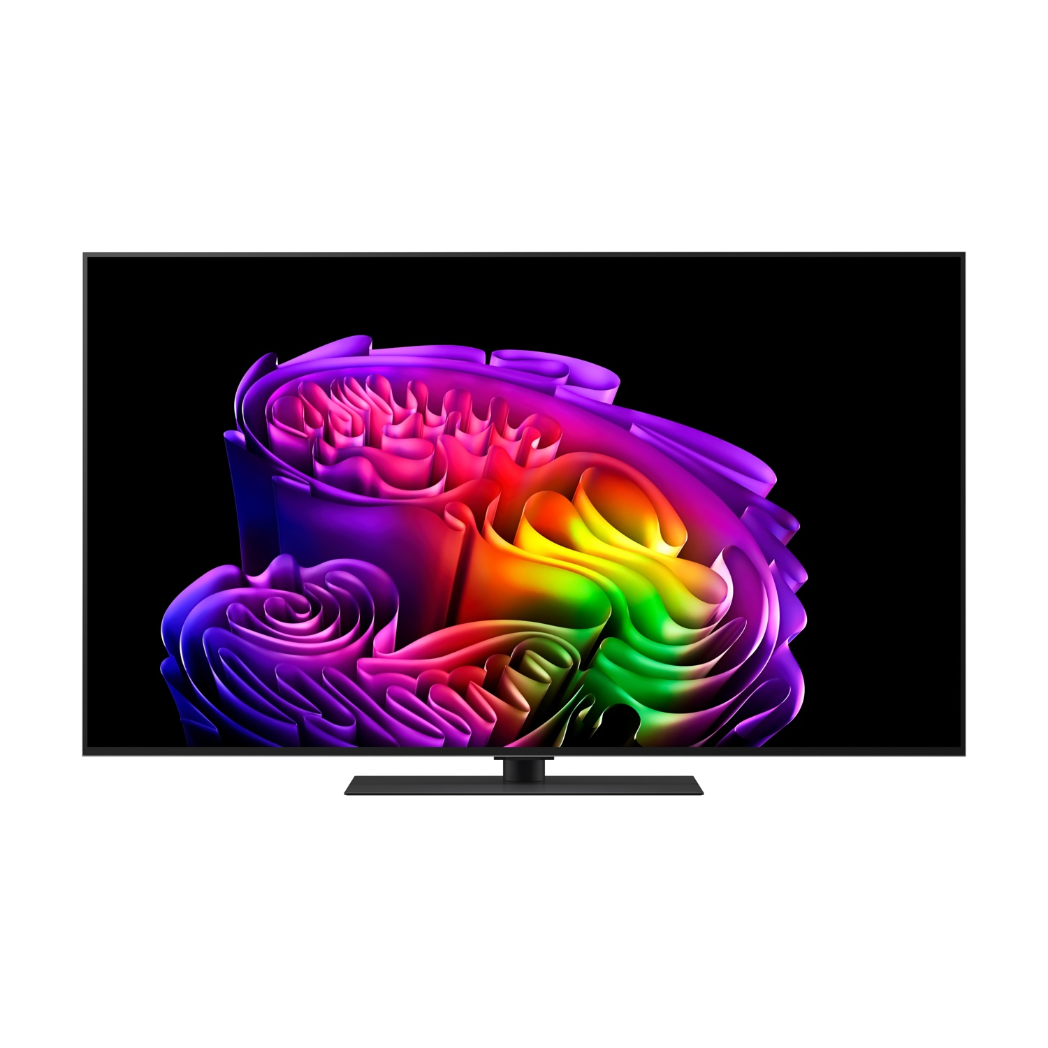 Una TV moderna mostra un motivo astratto multicolore su sfondo nero.