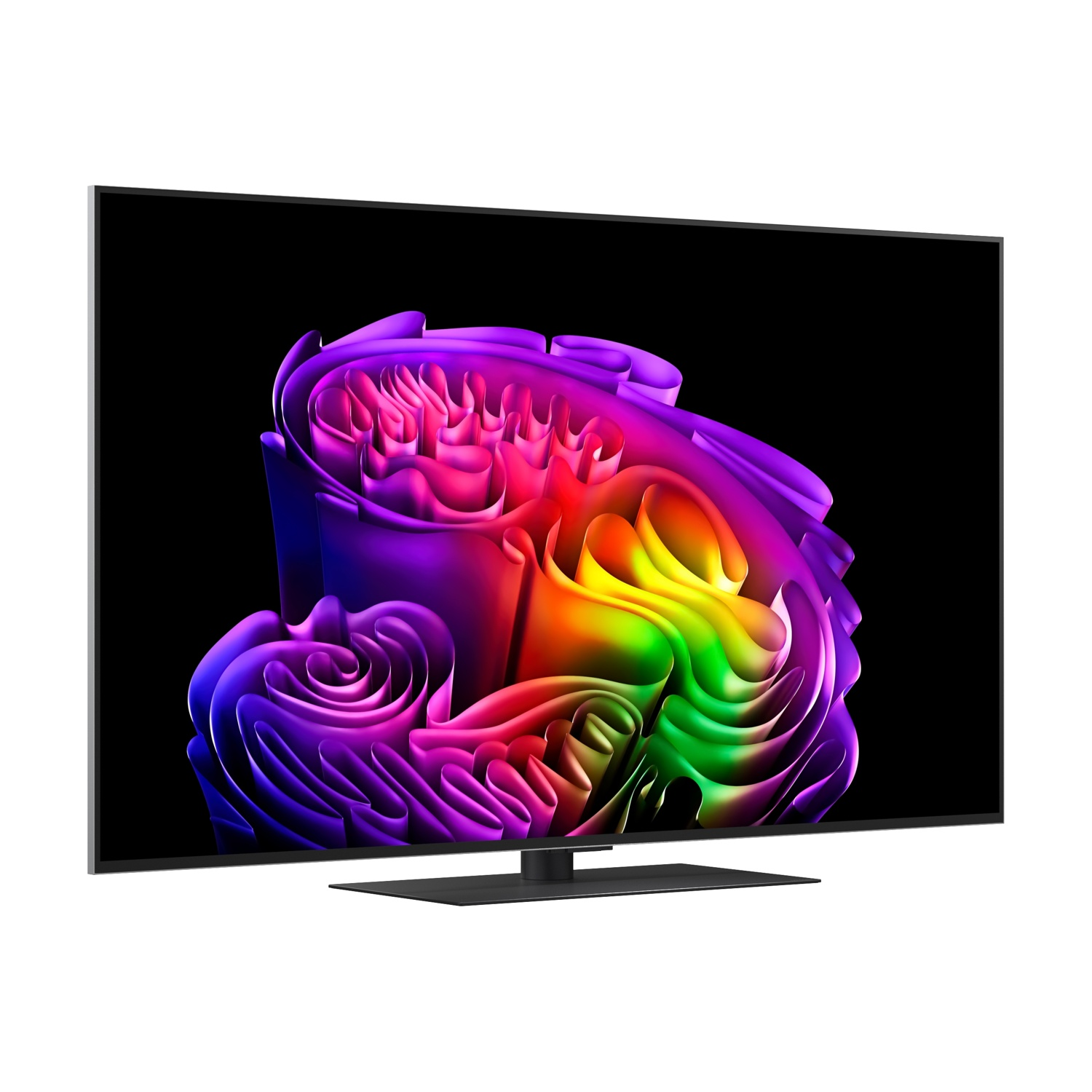 Una TV moderna mostra un motivo floreale astratto arcobaleno su sfondo nero.