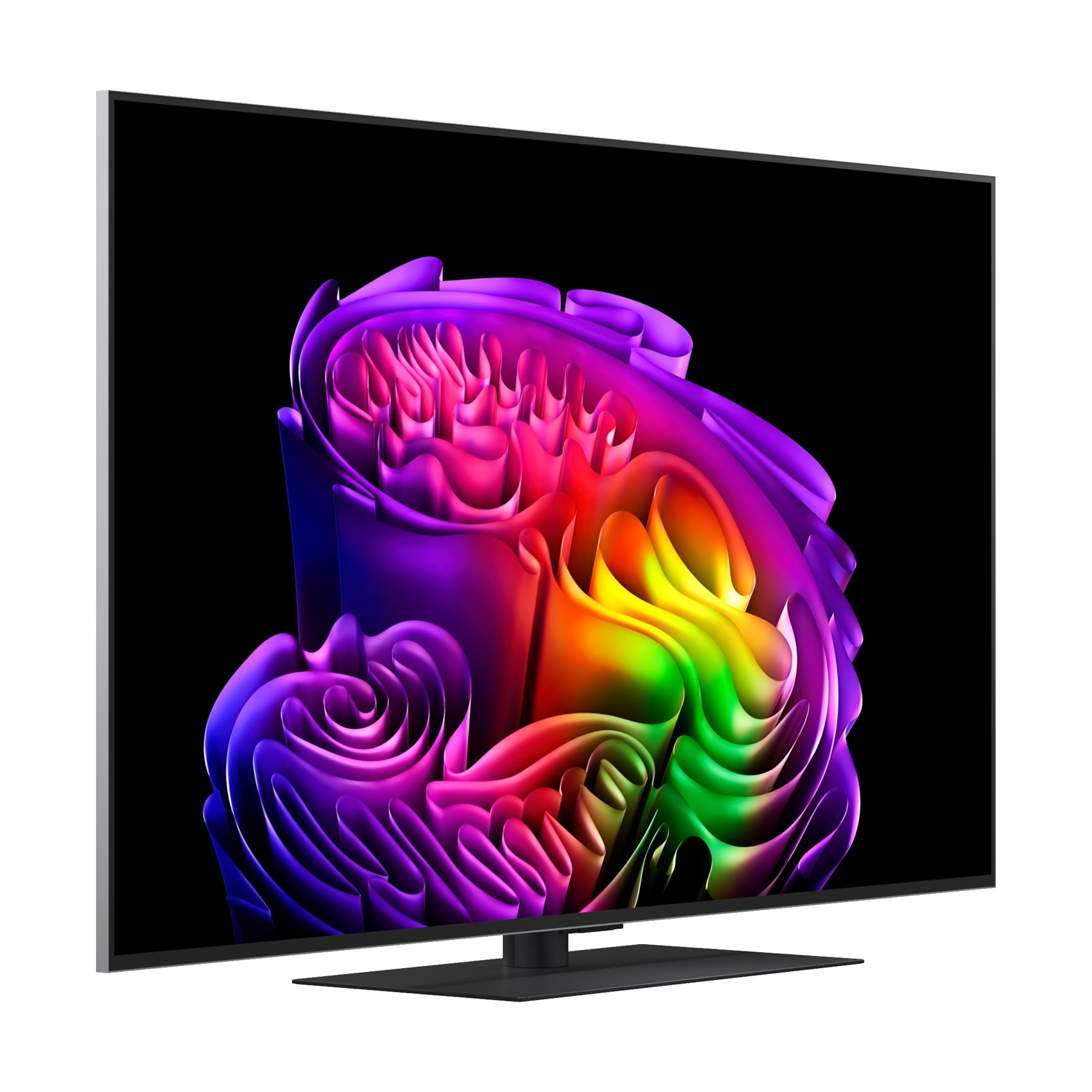 Una TV moderna mostra un design astratto e colorato su sfondo nero.