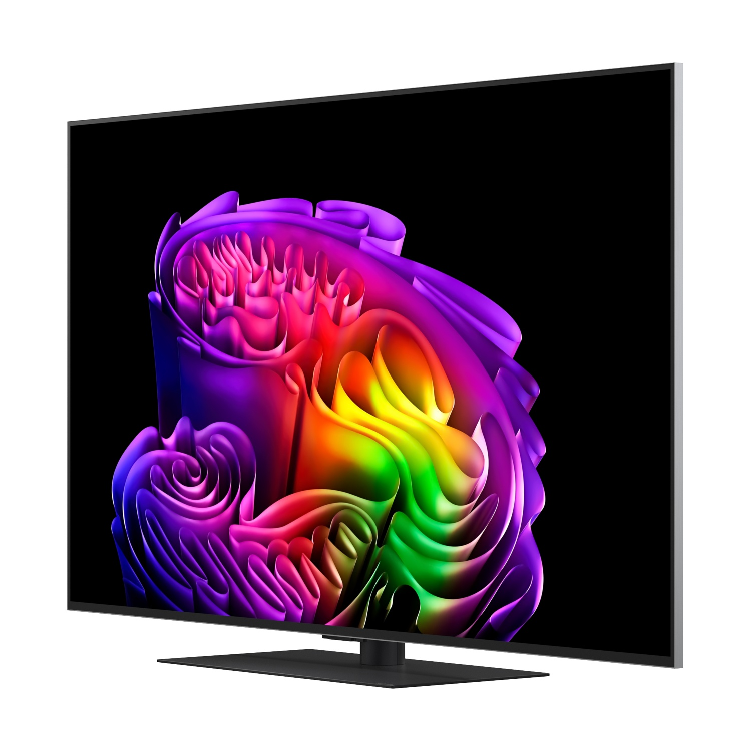 Un televisore moderno che visualizza un'immagine astratta e colorata sullo schermo.