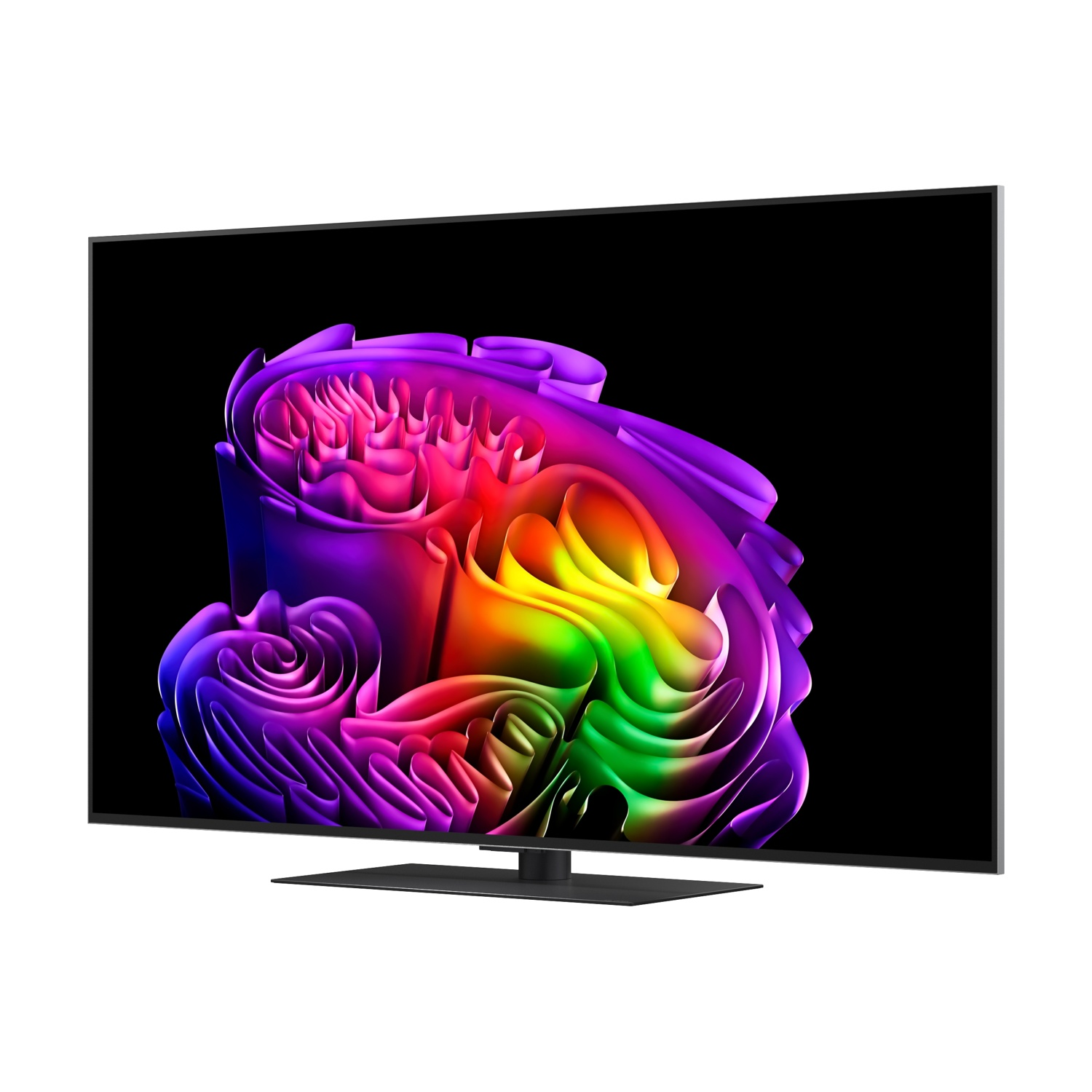 Un moderno televisore con un motivo astratto vibrante e colorato sullo schermo.