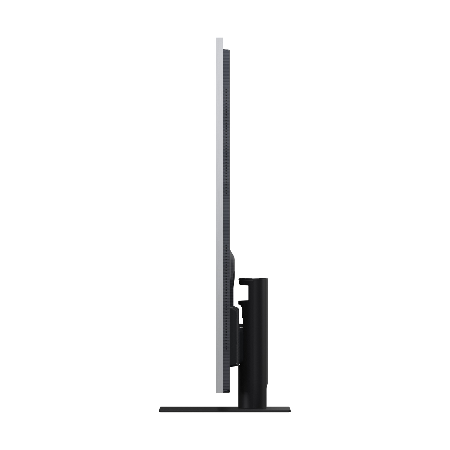 Un sottile monitor nero si erge su un supporto nero su sfondo bianco.