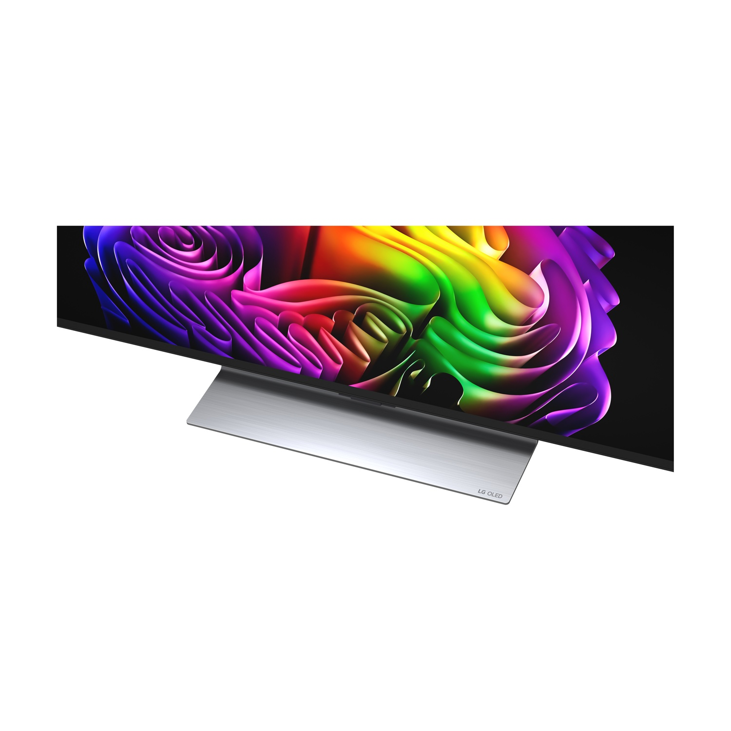 Una TV con un motivo astratto colorato sullo schermo e un supporto argentato.