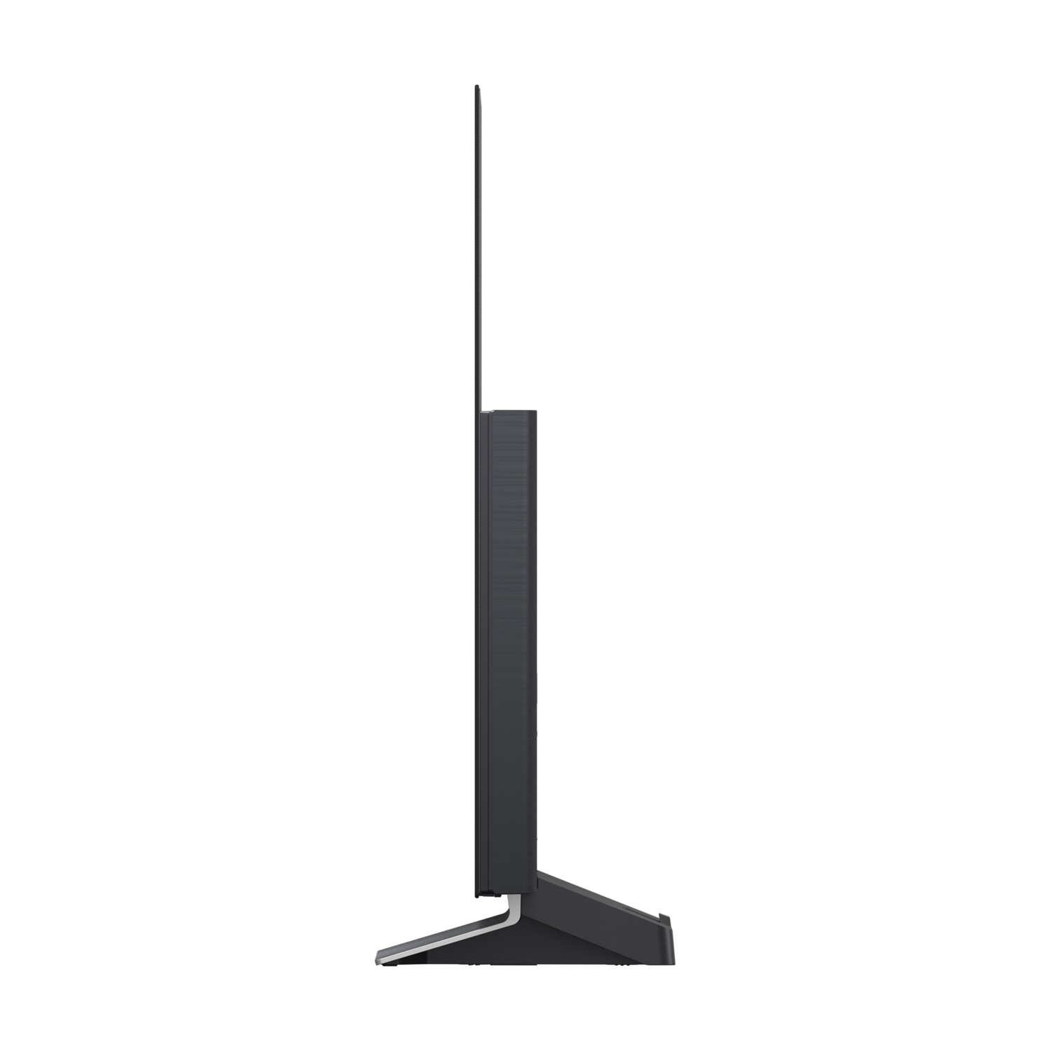 Vista laterale di una TV nera sottile con supporto scuro.