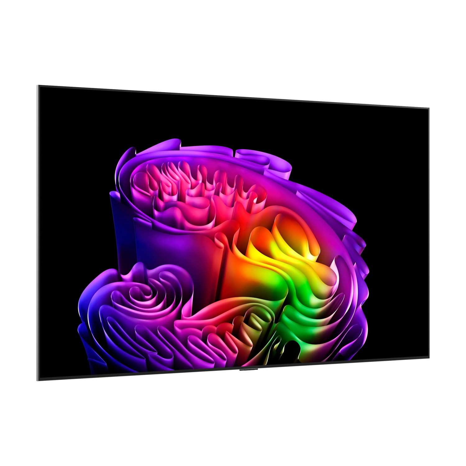 Una scultura astratta e vibrante nei colori dell'arcobaleno visualizzata su uno schermo nero.