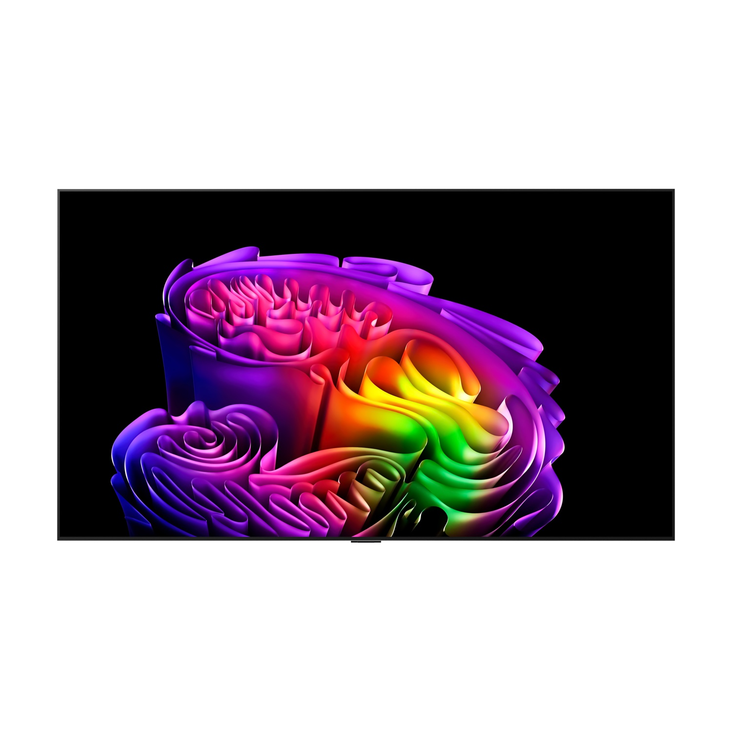 Scultura astratta con colori arcobaleno su sfondo nero.