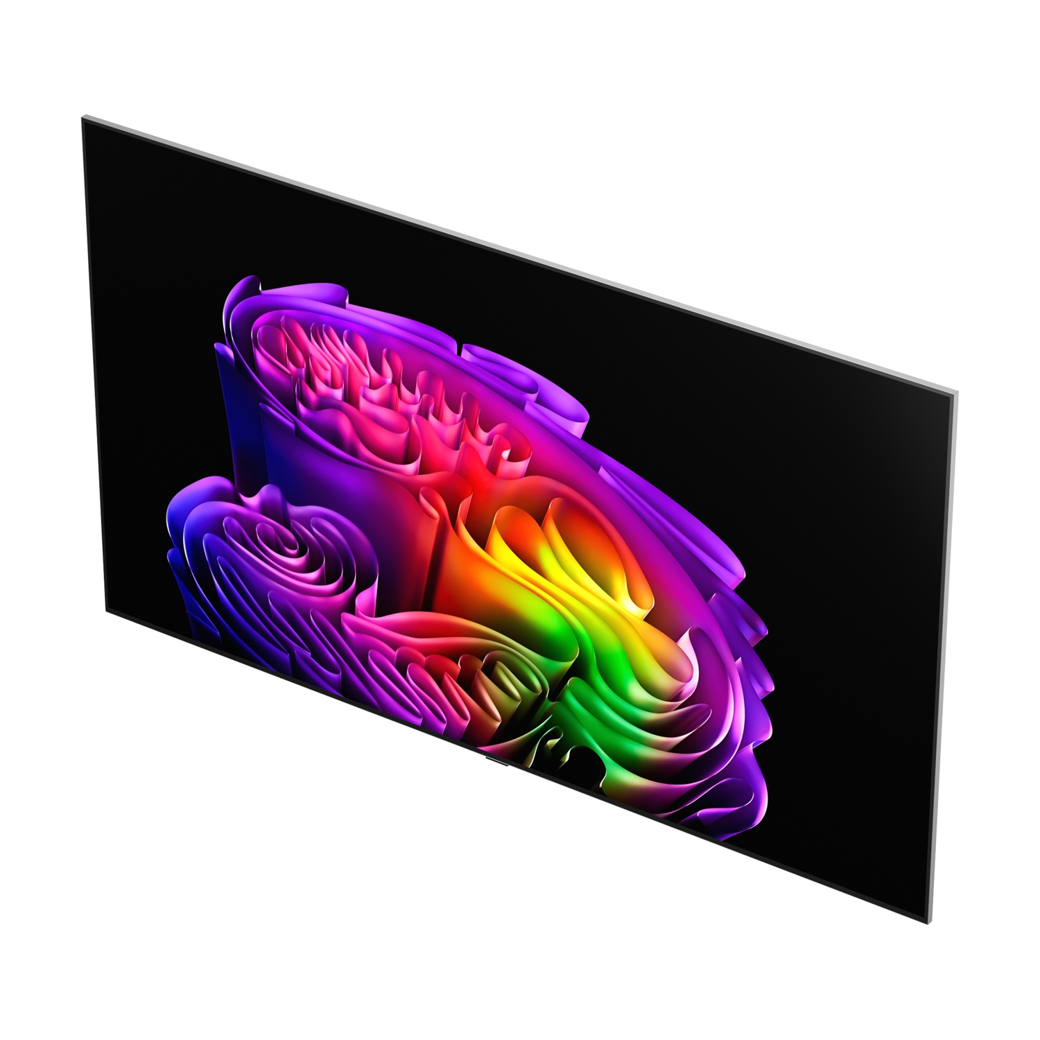 Un vortice astratto e colorato su sfondo nero visualizzato su un televisore.