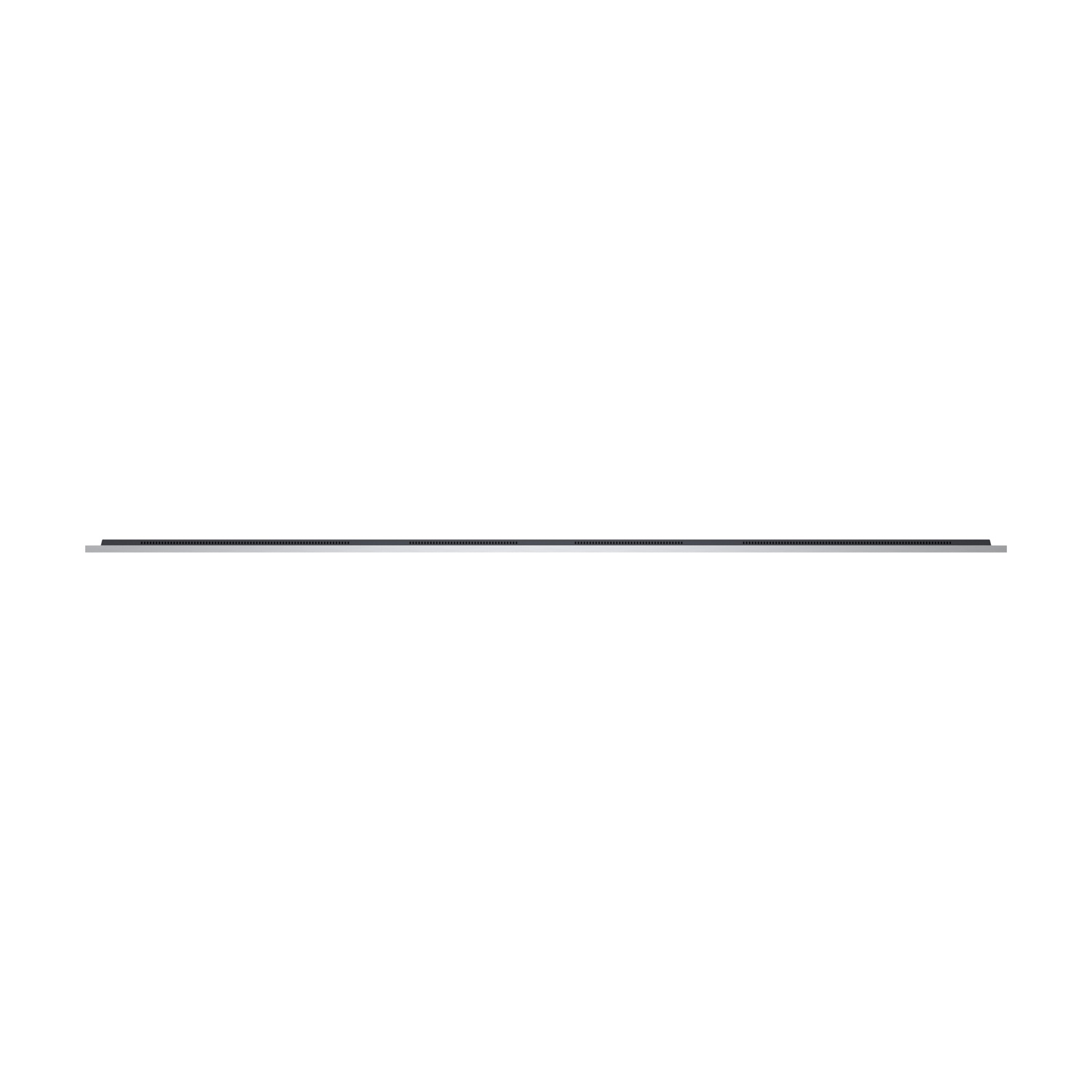 Una linea sottile e scura con bordo argentato su sfondo bianco.