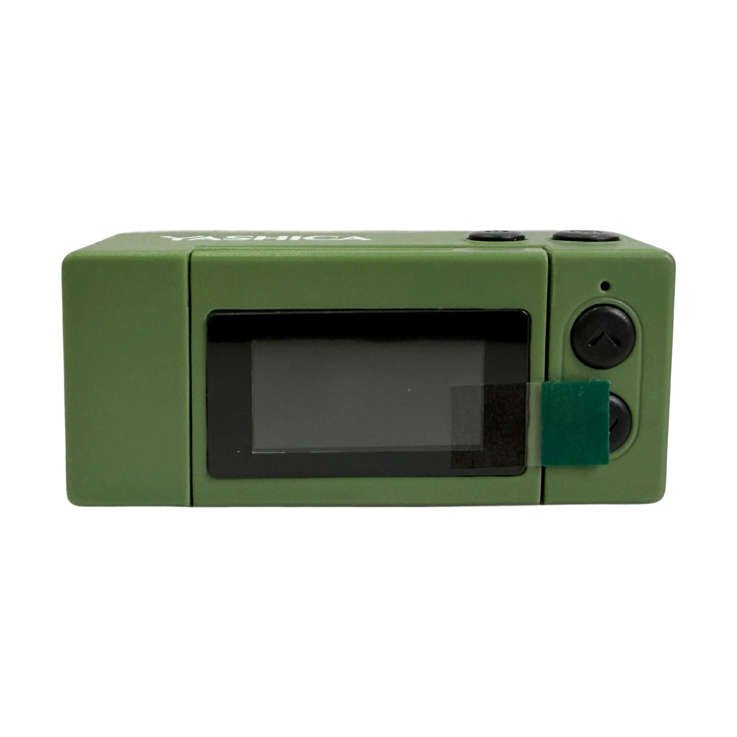 Dispositivo Yashica verde con schermo nero e pulsanti di controllo.