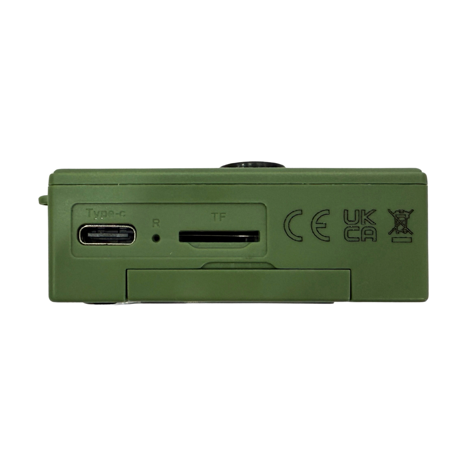 Dispositivo verde con USB-C, slot scheda TF, simboli CE, UKCA e riciclo.