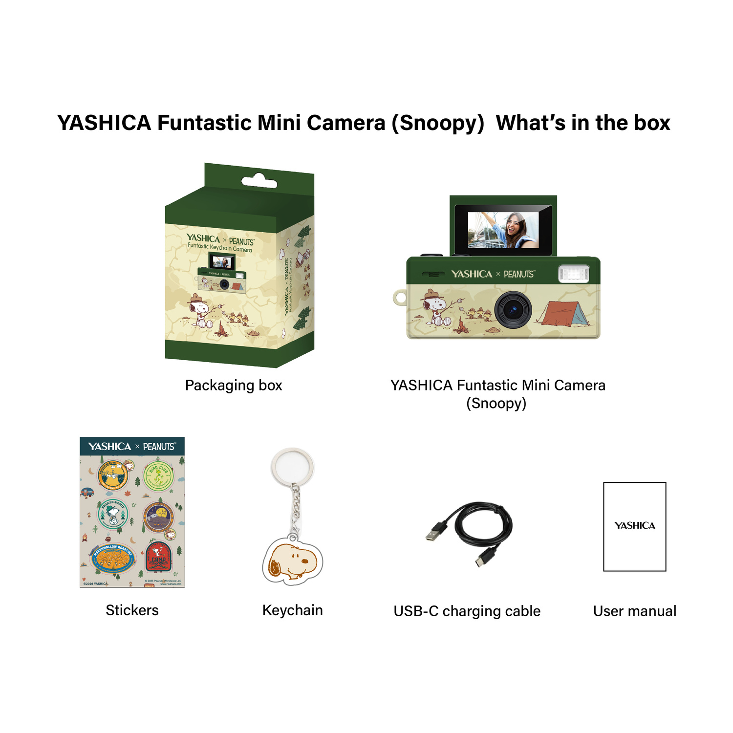 Confezione, fotocamera, adesivi, portachiavi, cavo e manuale utente.