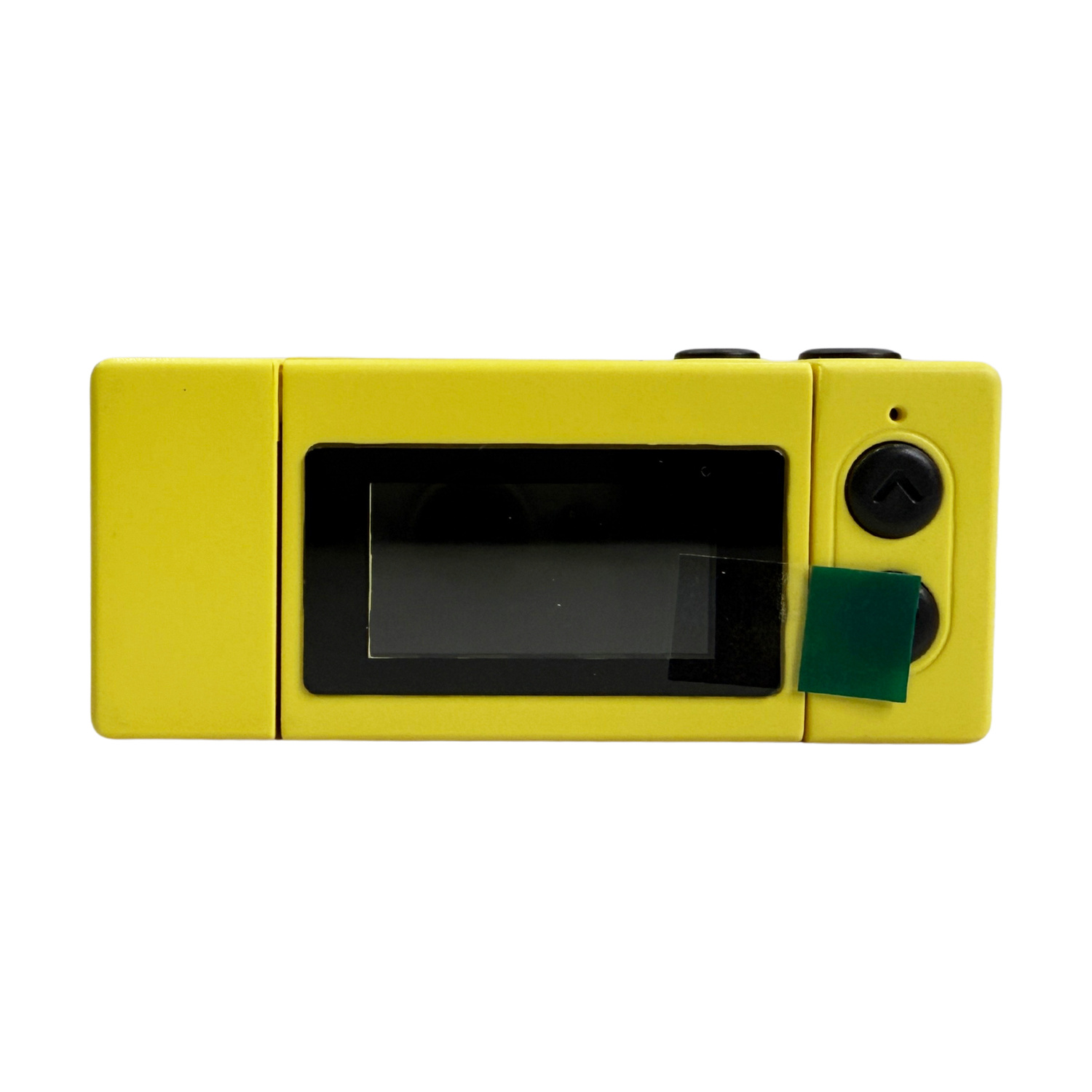 Un lettore multimediale portatile giallo con schermo e pulsanti neri.