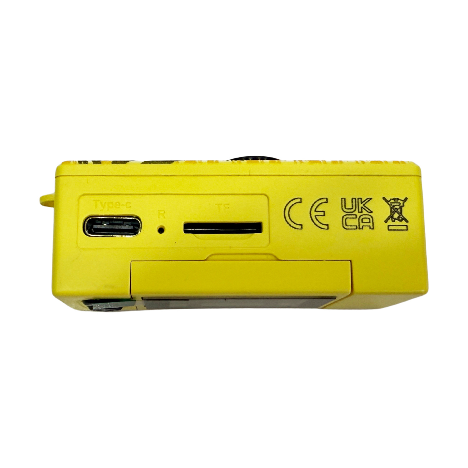 Dispositivo giallo con porte Type-C e TF, simboli CE e UKCA.