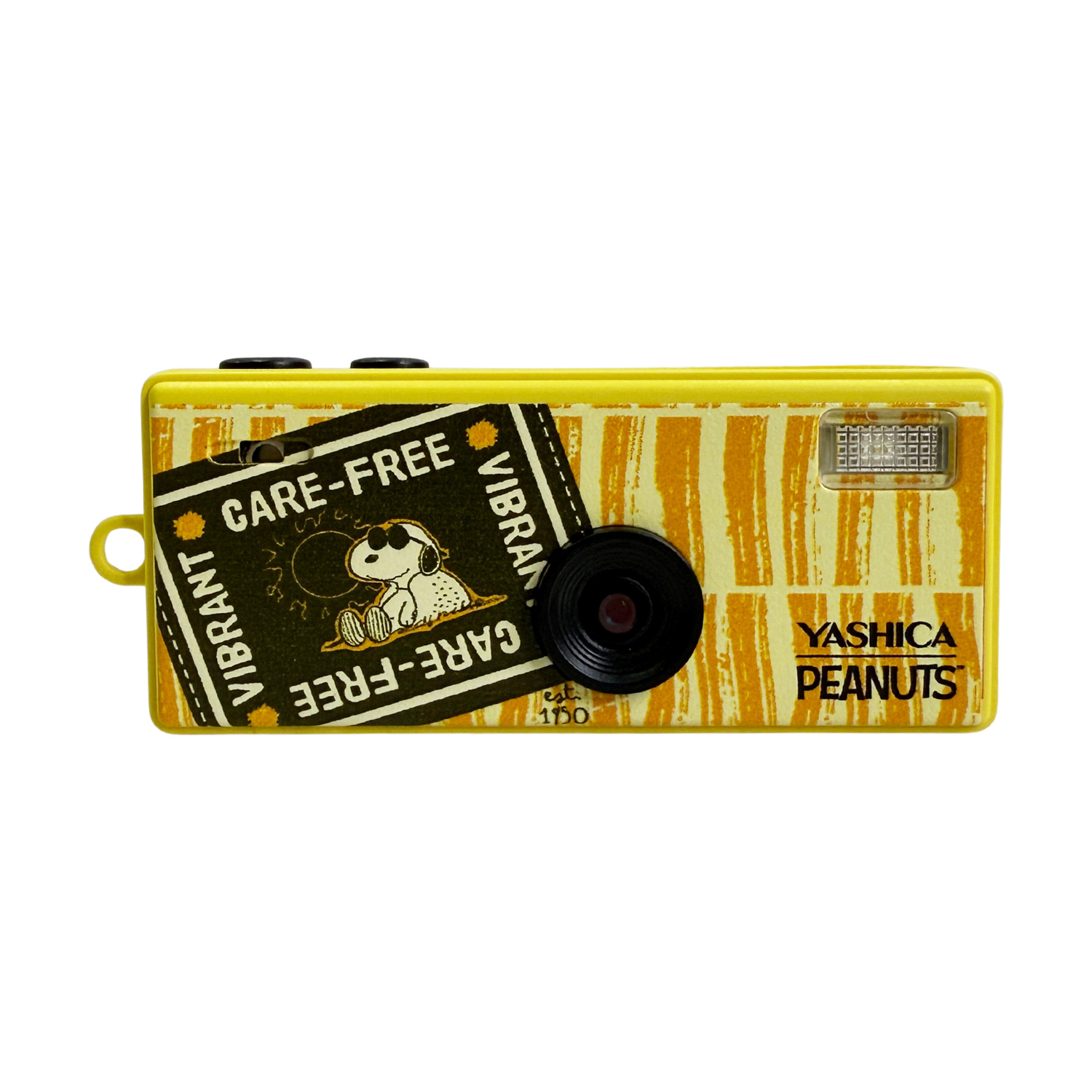 Fotocamera gialla con adesivo di Snoopy e testo "VIBRANT CARE-FREE".