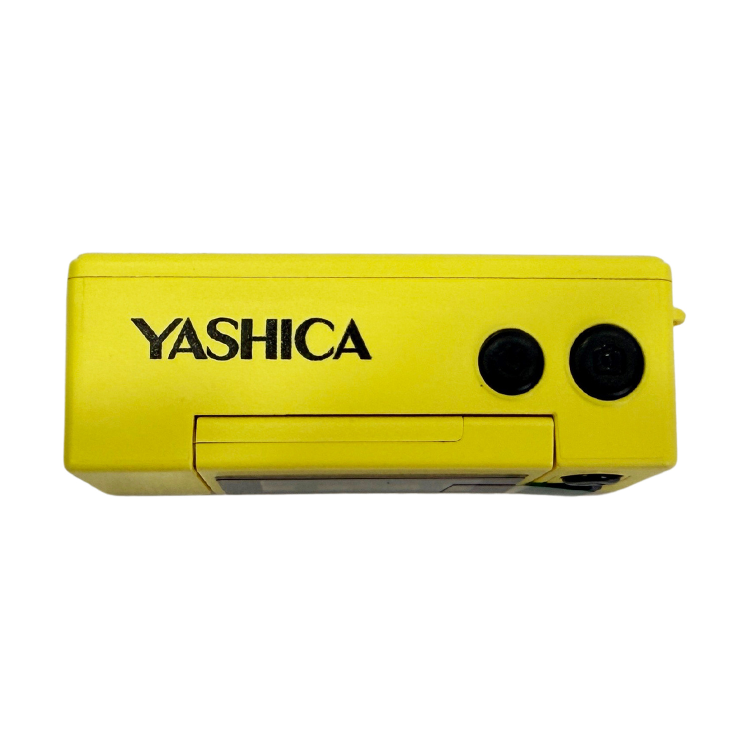 Macchina fotografica Yashica gialla con due lenti nere e un vano.