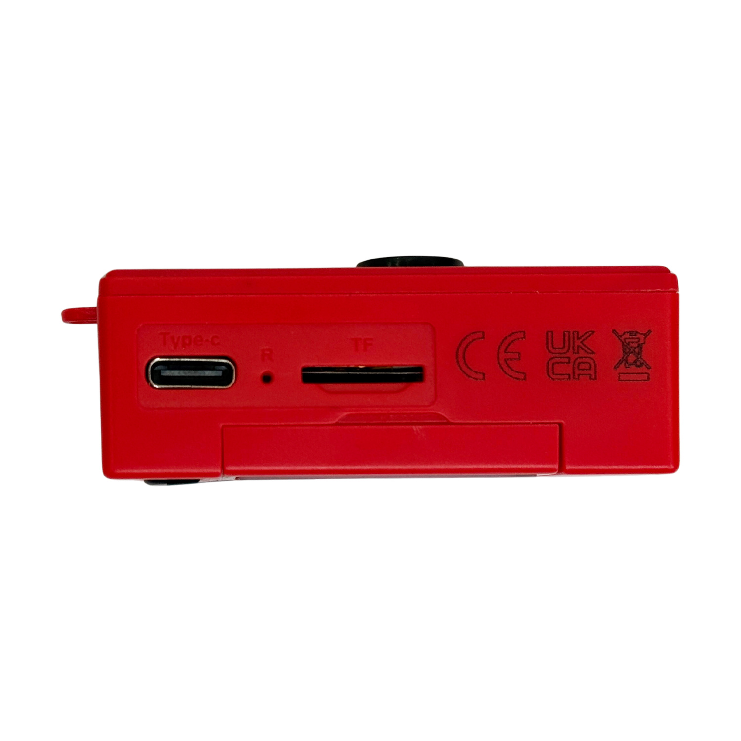 Fotocamera rossa con USB-C, slot scheda TF, marchi CE e UKCA.