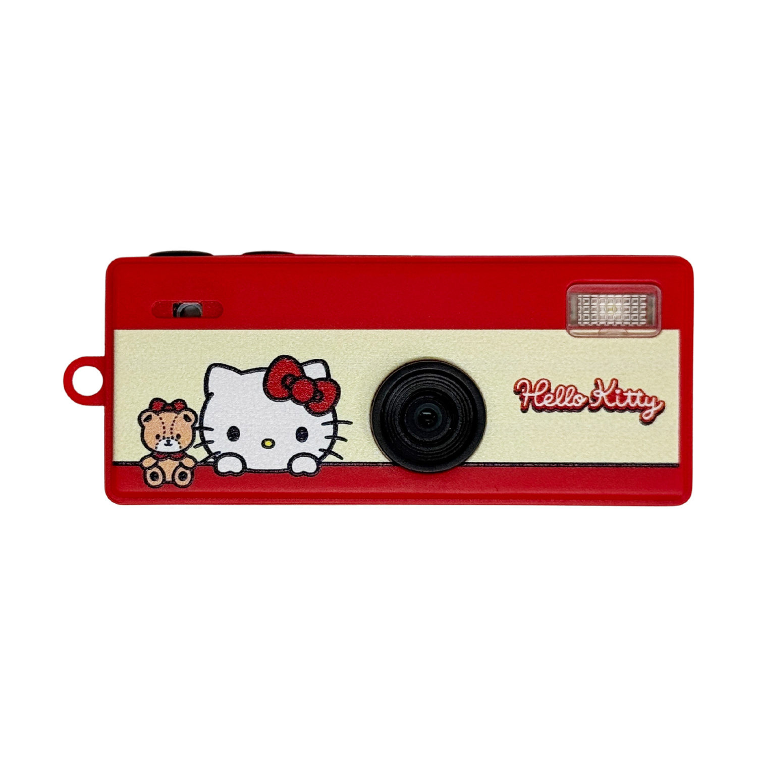 Fotocamera rossa con grafica Hello Kitty e orsacchiotto, su sfondo bianco.