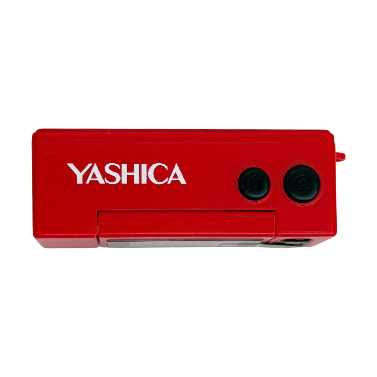 Un gadget fotocamera Yashica rosso con due pulsanti neri.