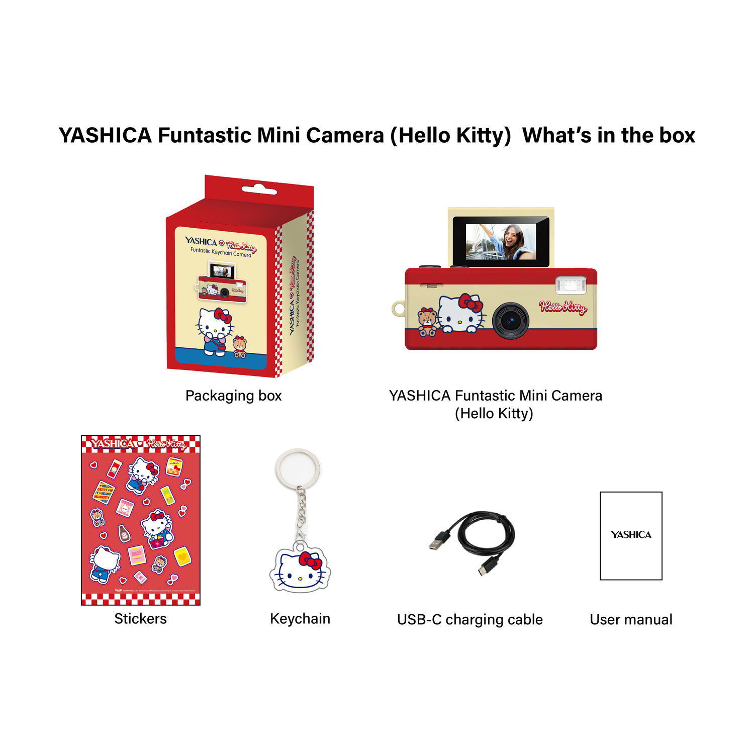 Confezione, fotocamera, adesivi, portachiavi, cavo e manuale per una fotocamera Hello Kitty.