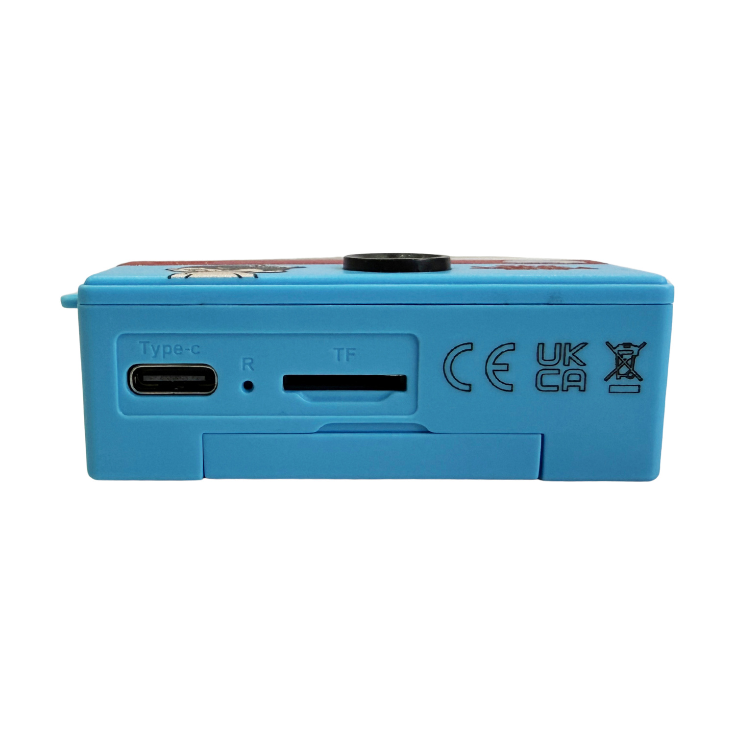 Dispositivo blu con porte: Tipo-C, scheda TF, simboli CE, UKCA e riciclo.