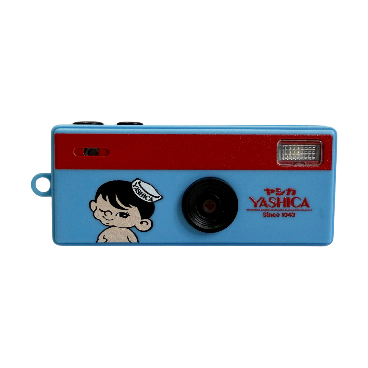 Una fotocamera Yashica blu con striscia rossa, flash e disegno di un personaggio dei cartoni animati.