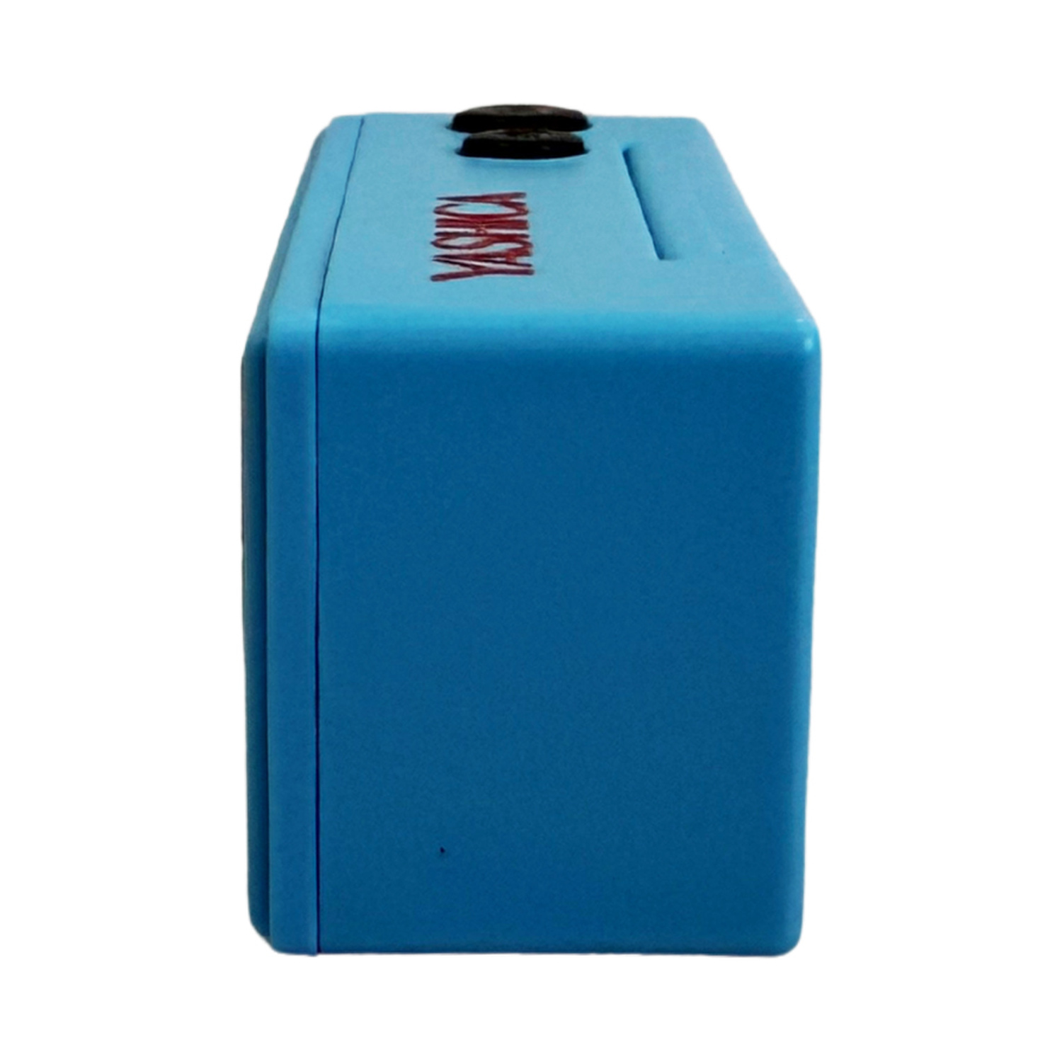 Un cubo blu con il logo "YASHICA" e due pulsanti neri in cima.