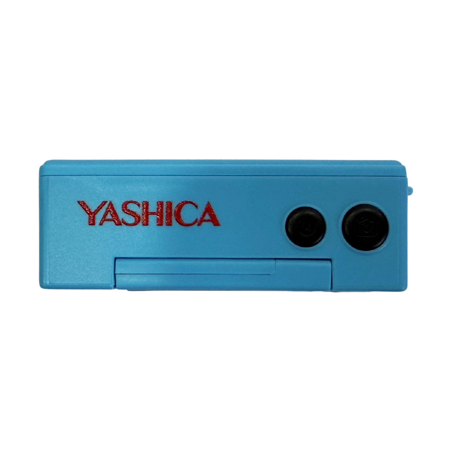 Un corpo macchina Yashica azzurro con due pulsanti neri.