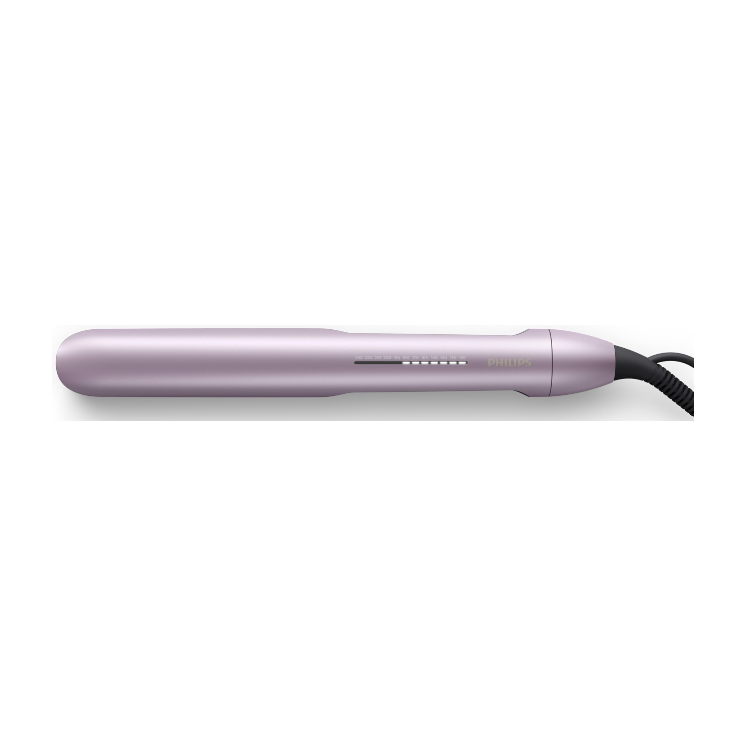 Una piastra per capelli Philips viola con controllo della temperatura e cavo nero.