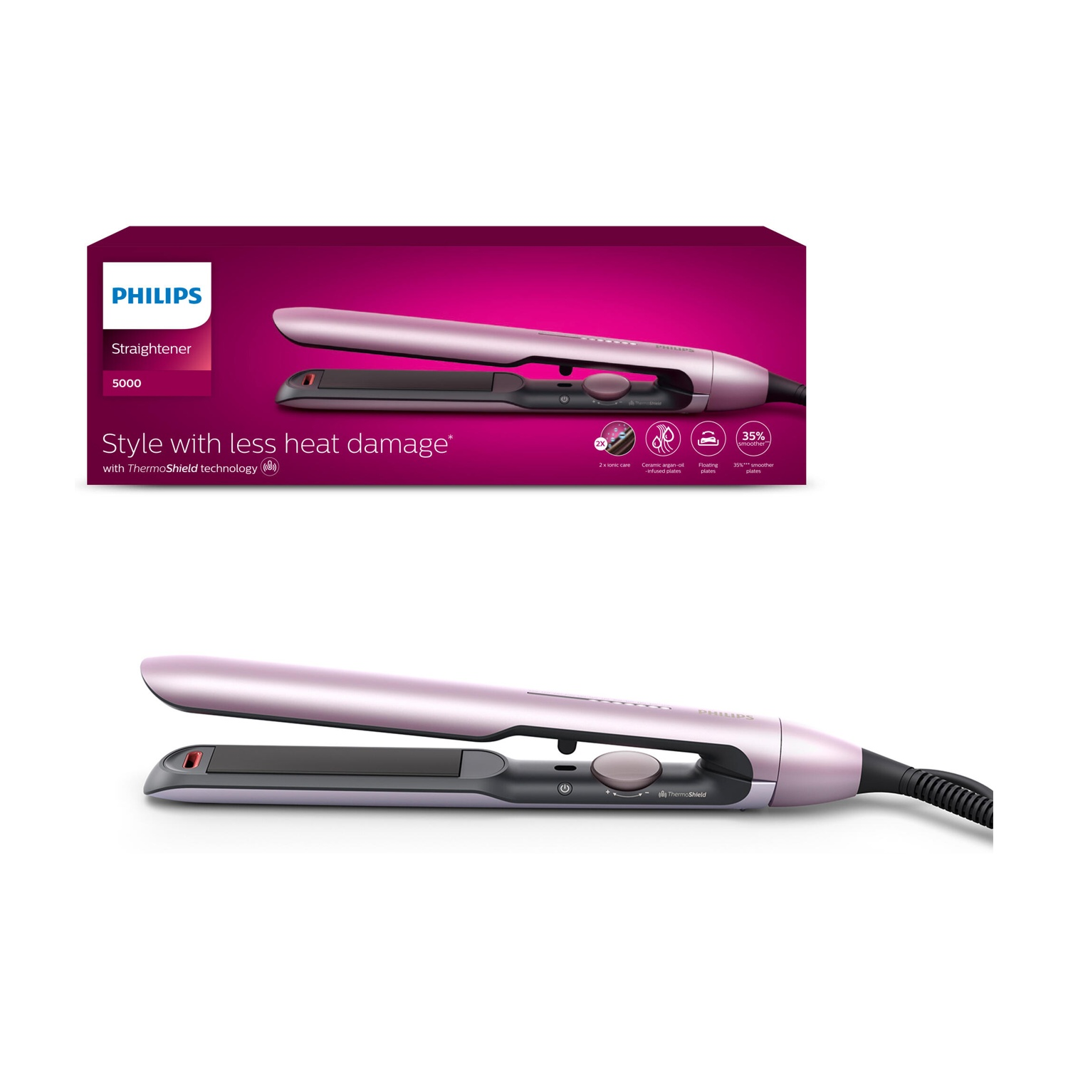 Piastra Philips con piastre rosa e tecnologia ThermoShield. Scatola e prodotto mostrati.