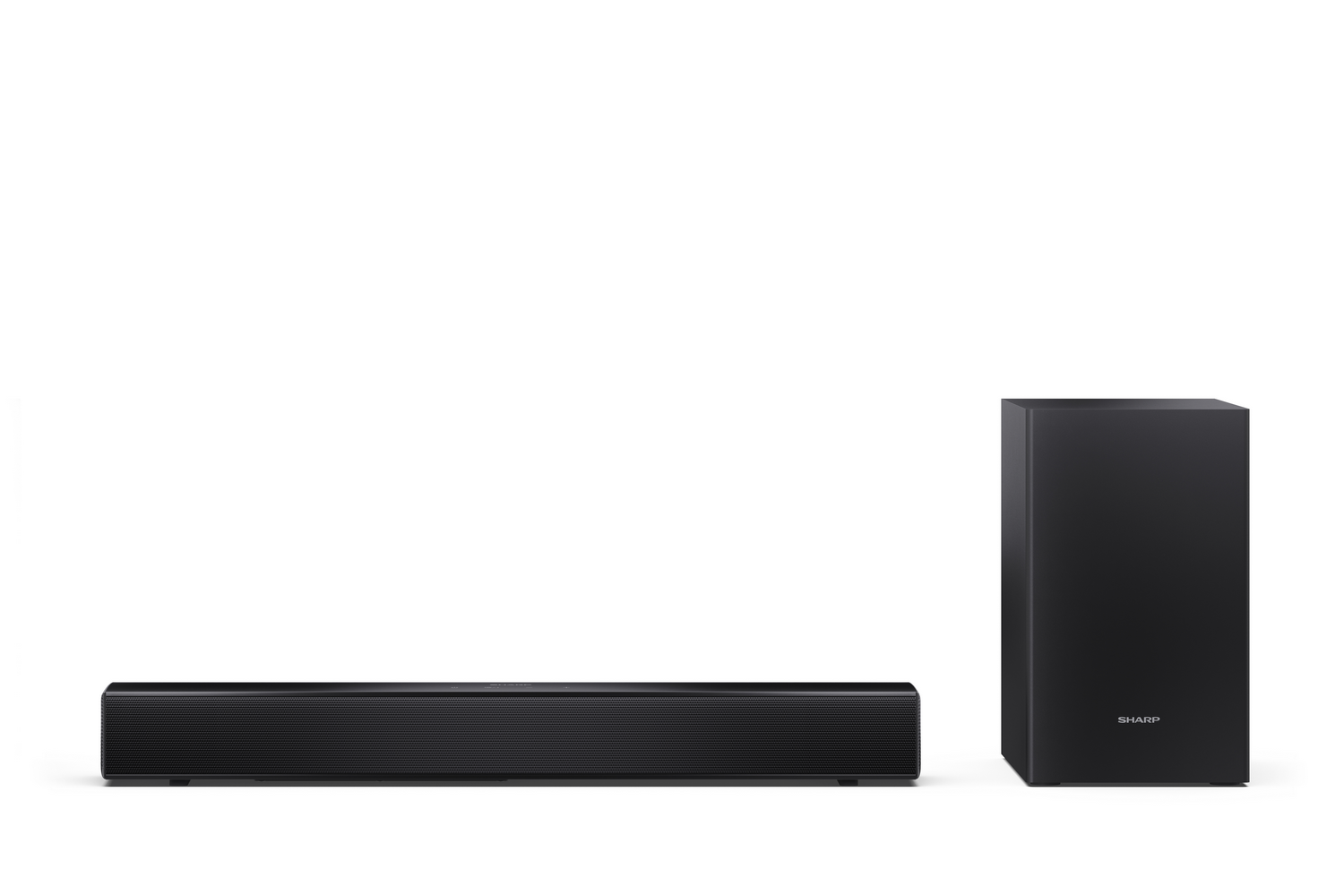 Barra de sonido y subwoofer negros sobre fondo blanco.