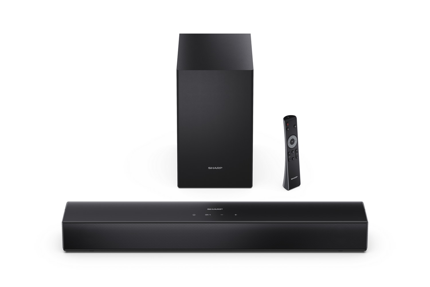 Barra de sonido, subwoofer y mando a distancia negros sobre fondo blanco.