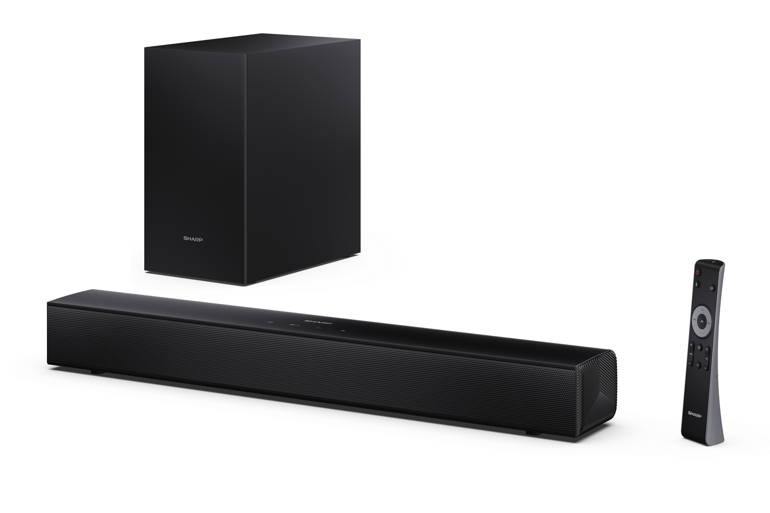 Barra de sonido y subwoofer Sharp negros con mando a distancia sobre fondo blanco.