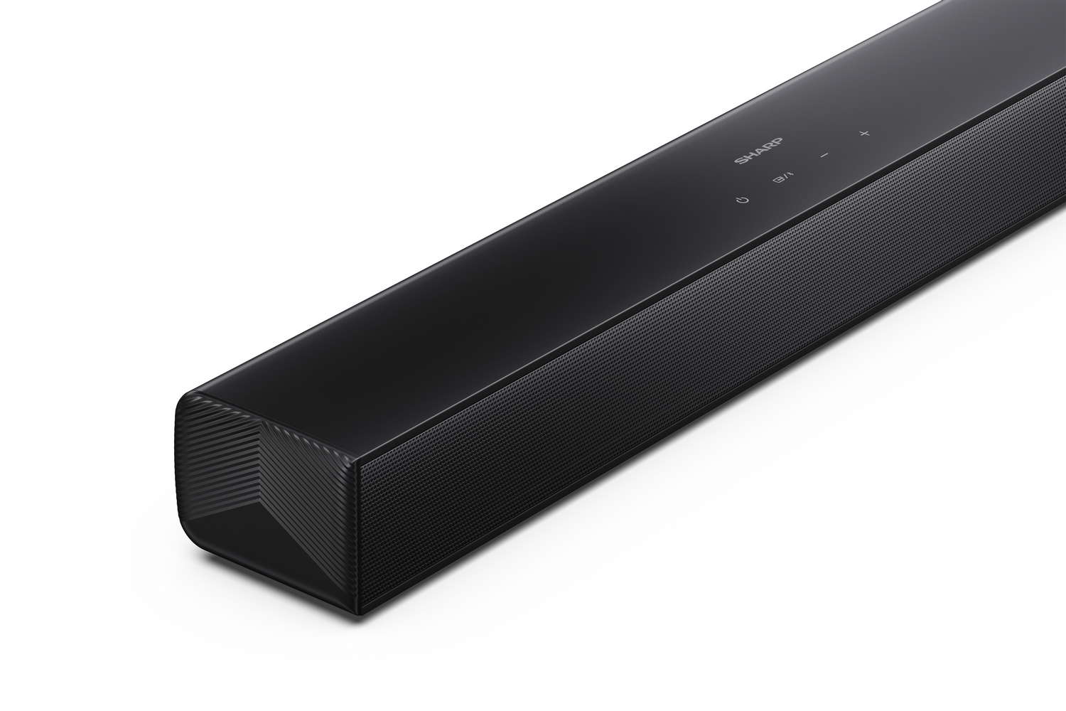 Barra de sonido negra y delgada con botones táctiles y logo SHARP.