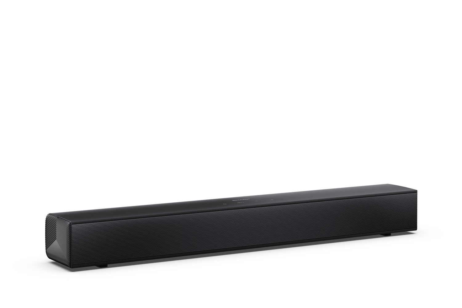 Una barra de sonido negra con frente acanalado y botones de control arriba.