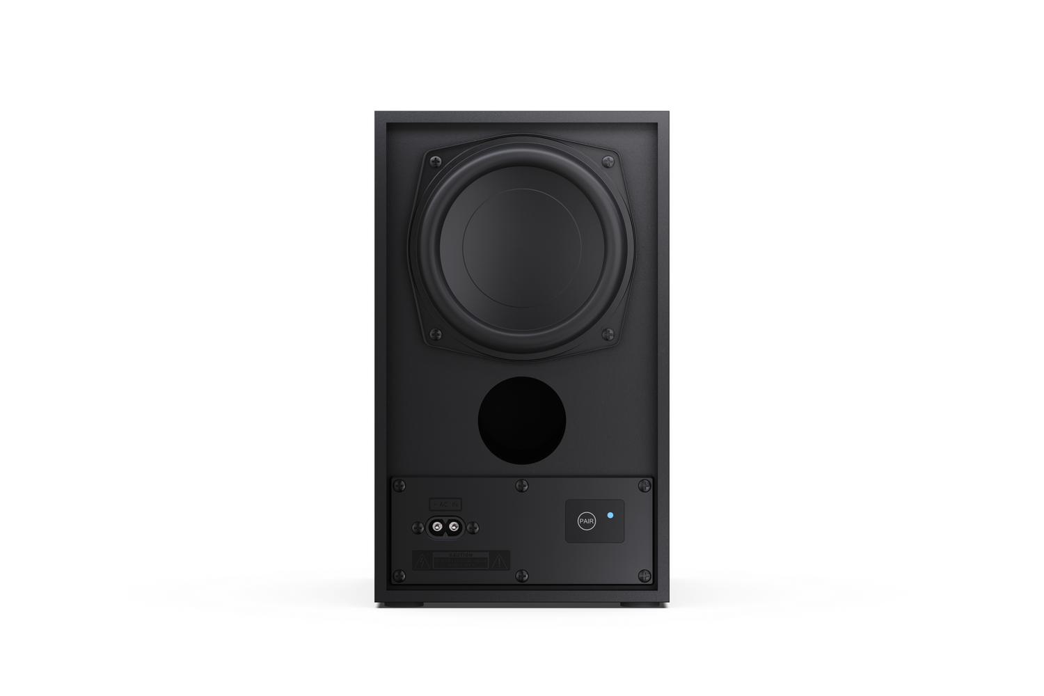 Parte trasera de un altavoz negro con woofer, puertos de conexión y botón de emparejamiento.