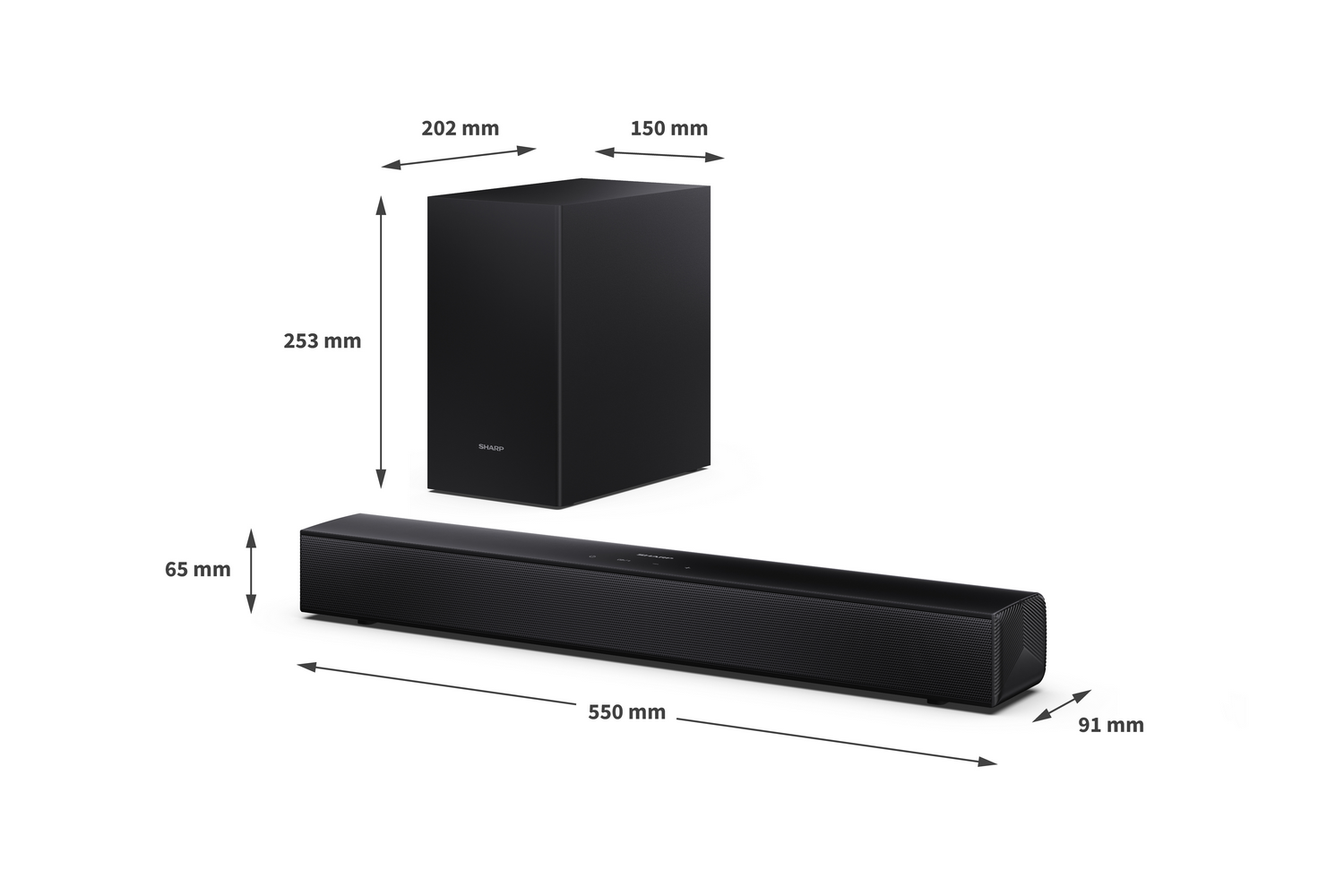 Barra de sonido y subwoofer negros con dimensiones. Alto 65mm, ancho 550mm, fondo 91mm.
