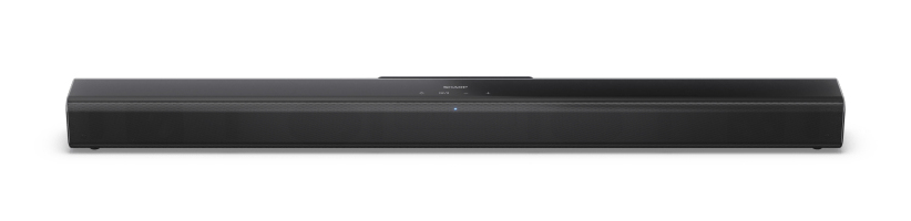 Barra de sonido delgada negra con controles plateados en la parte superior.
