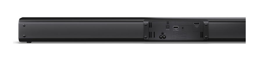 Barra de sonido negra con puertos: HDMI, USB, Óptico, AC.