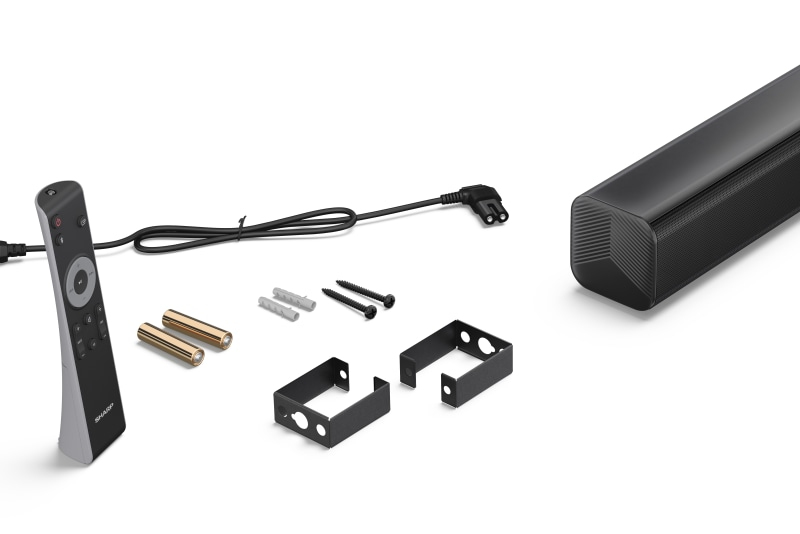 Barra de sonido, control remoto, baterías, tornillos, soportes de pared y cable de alimentación.
