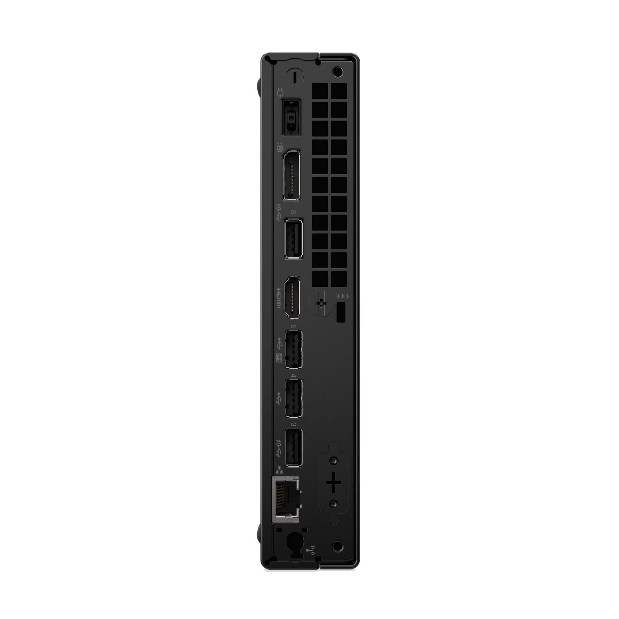 Torre de computadora negra vista lateral con puertos: USB-C, HDMI, USB-A, Ethernet, botón de encendido.