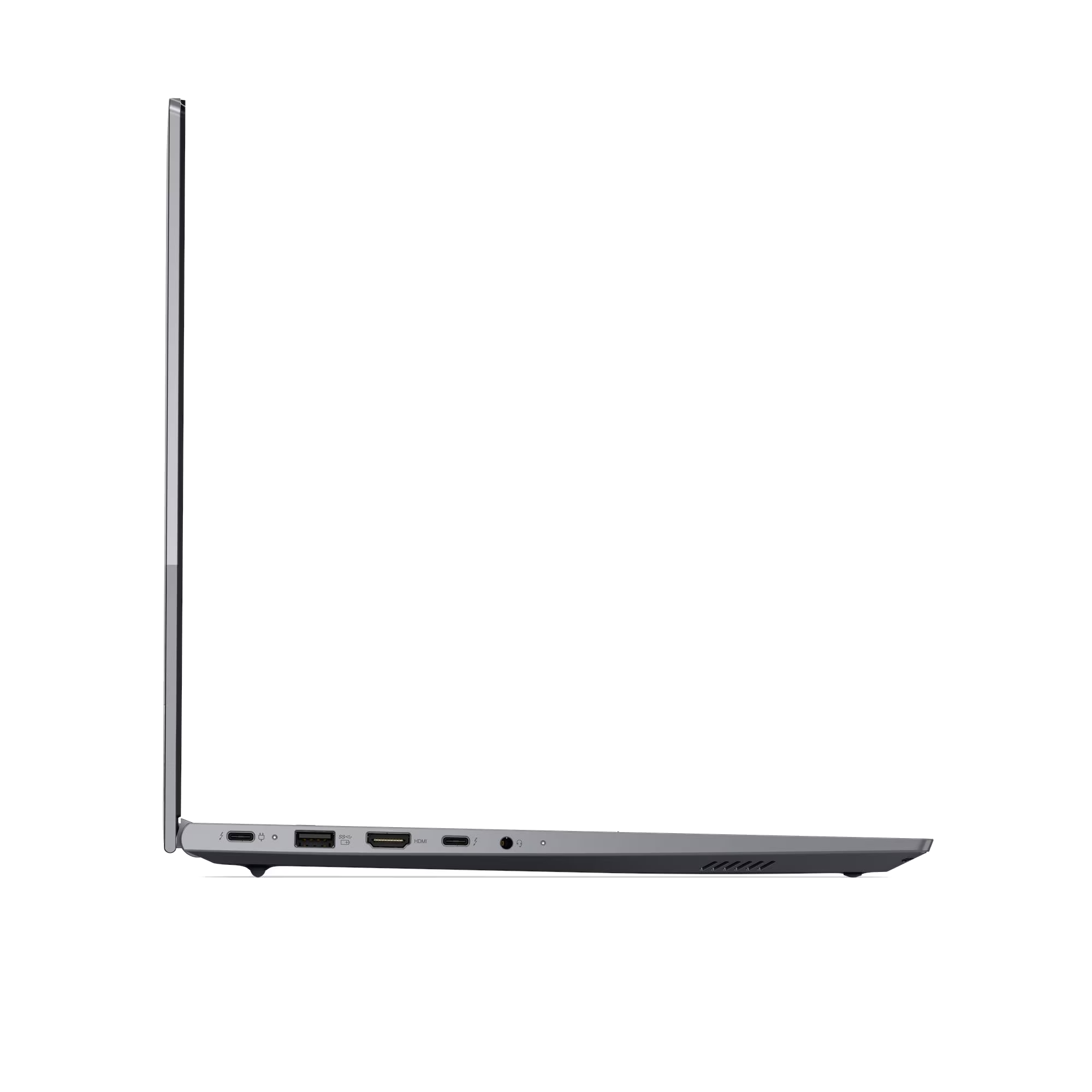 Vista lateral de un portátil gris que muestra puertos: USB, HDMI, Thunderbolt.