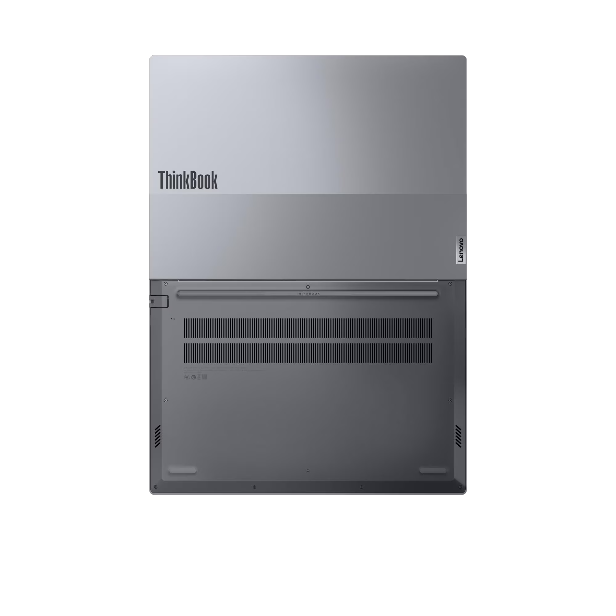Parte inferior de un portátil plateado con logotipo "ThinkBook" y rejillas de ventilación.